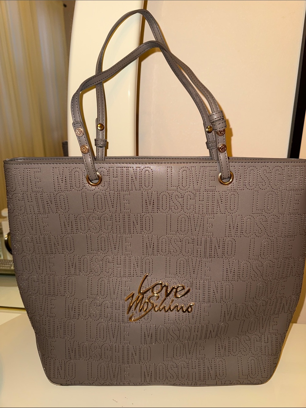 Love Moschino Taupe Embossed Logo Tote with Gold Plaque